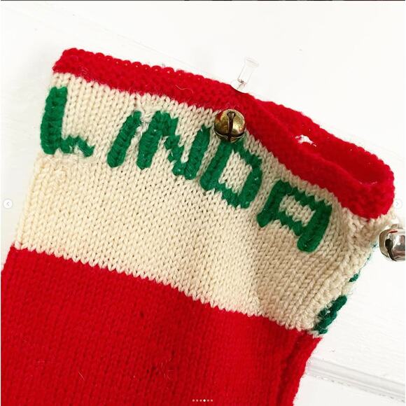 VINTAGE Handmade Stocking LINDA Santa Merry Christmas Angora IMPERFECT Holes - Picture 4 of 6